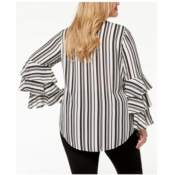 🆕 Alfani Women’s Tiered Sleeve Ruffle Accent V-Neck Bell Fluted Sleeve Shirt - Picture 1 of 10